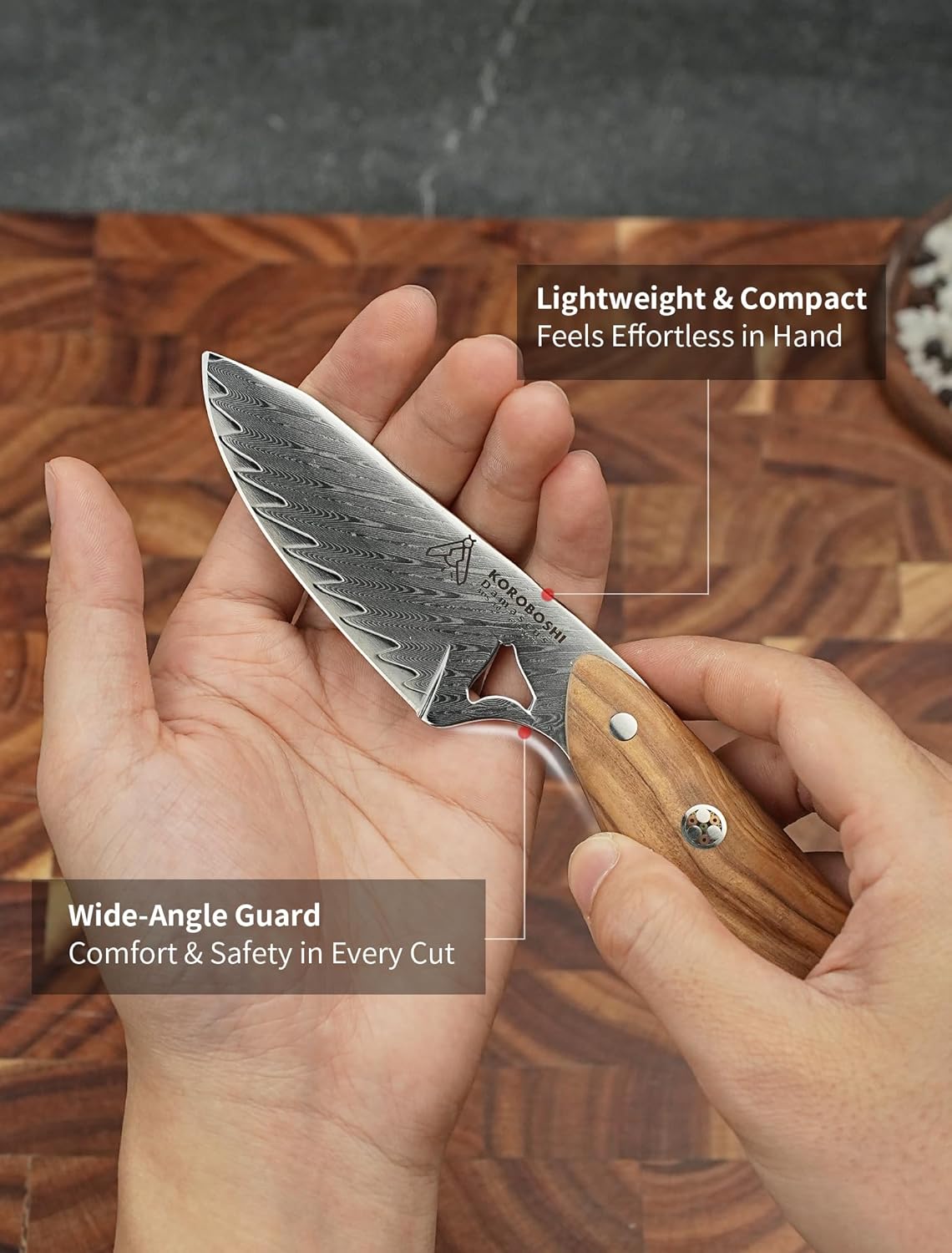 Koroboshi Mini Fish-Head cooking Knife – 8cm AUS-10 Core, 67-Layer Damascus, Olive Wood Handle | Stylish, Compact & ultra-fine edge for Home & Camping Picnic Use