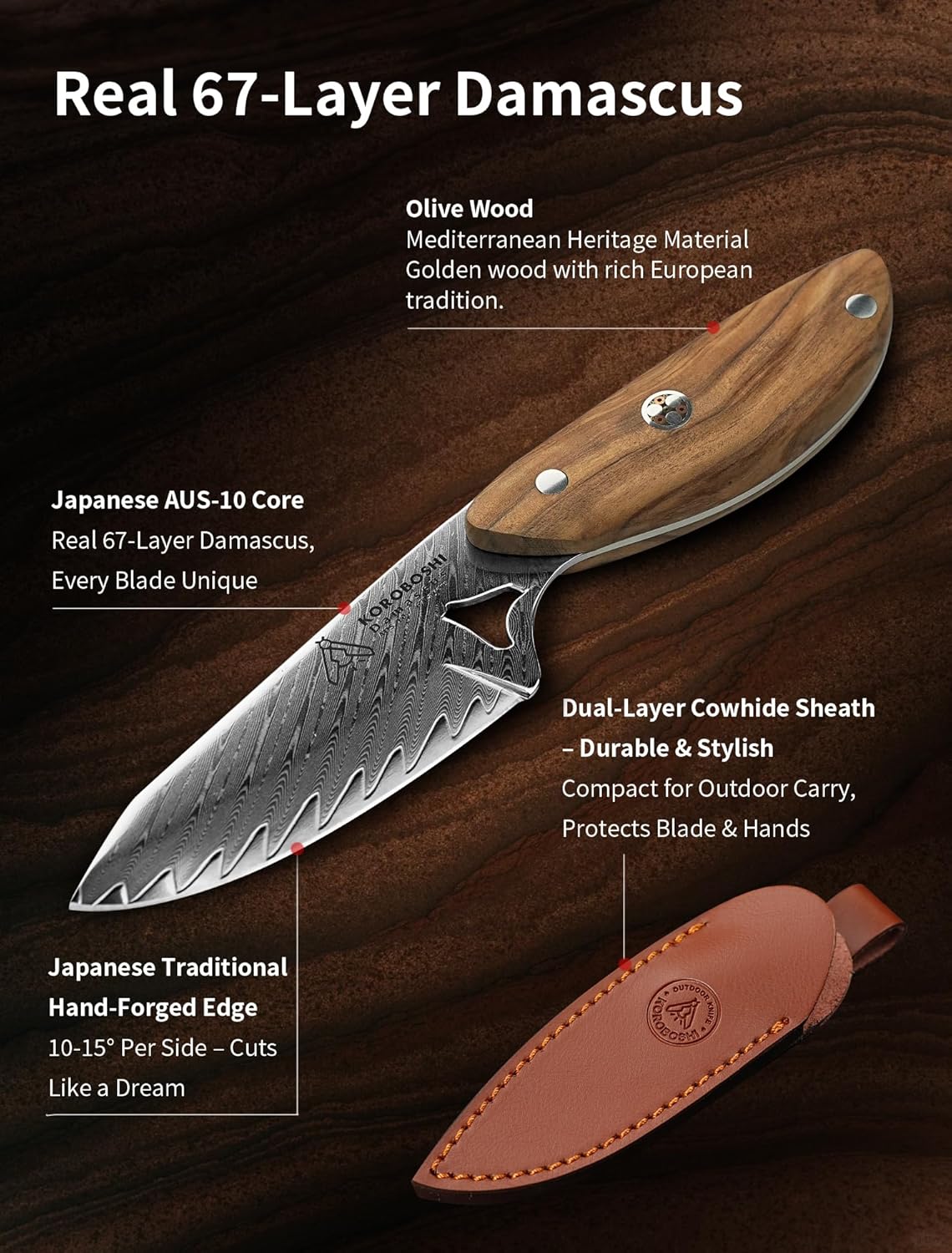 Koroboshi Mini Fish-Head cooking Knife – 8cm AUS-10 Core, 67-Layer Damascus, Olive Wood Handle | Stylish, Compact & ultra-fine edge for Home & Camping Picnic Use