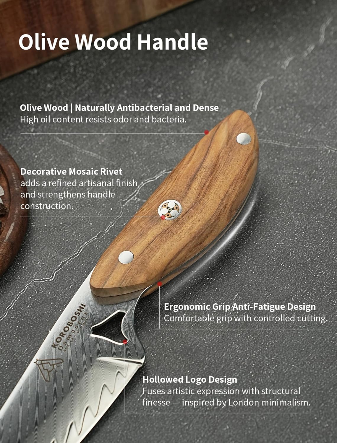 Koroboshi Mini Fish-Head cooking Knife – 8cm AUS-10 Core, 67-Layer Damascus, Olive Wood Handle | Stylish, Compact & ultra-fine edge for Home & Camping Picnic Use