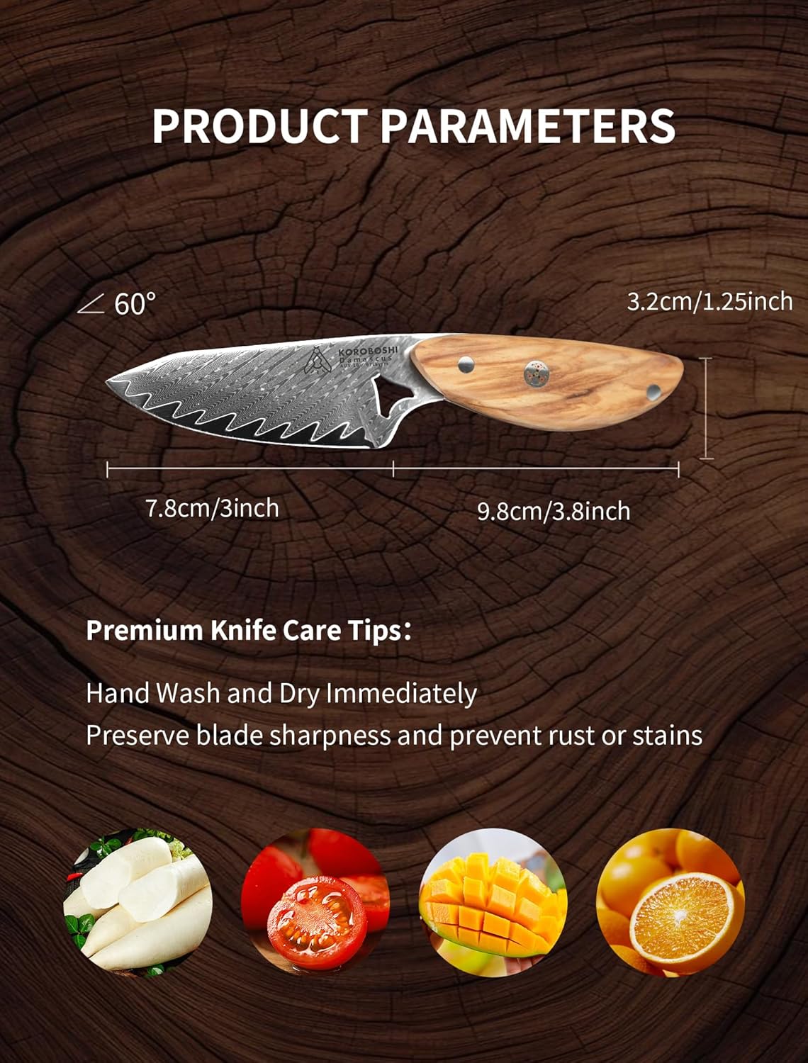 Koroboshi Mini Fish-Head cooking Knife – 8cm AUS-10 Core, 67-Layer Damascus, Olive Wood Handle | Stylish, Compact & ultra-fine edge for Home & Camping Picnic Use