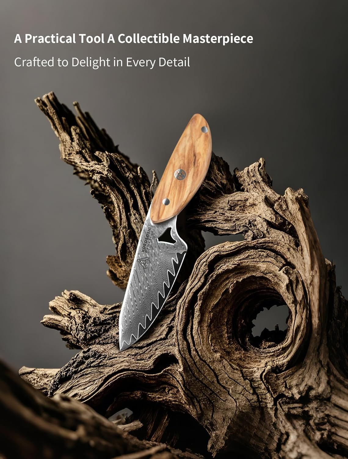 Koroboshi Mini Fish-Head cooking Knife – 8cm AUS-10 Core, 67-Layer Damascus, Olive Wood Handle | Stylish, Compact & ultra-fine edge for Home & Camping Picnic Use
