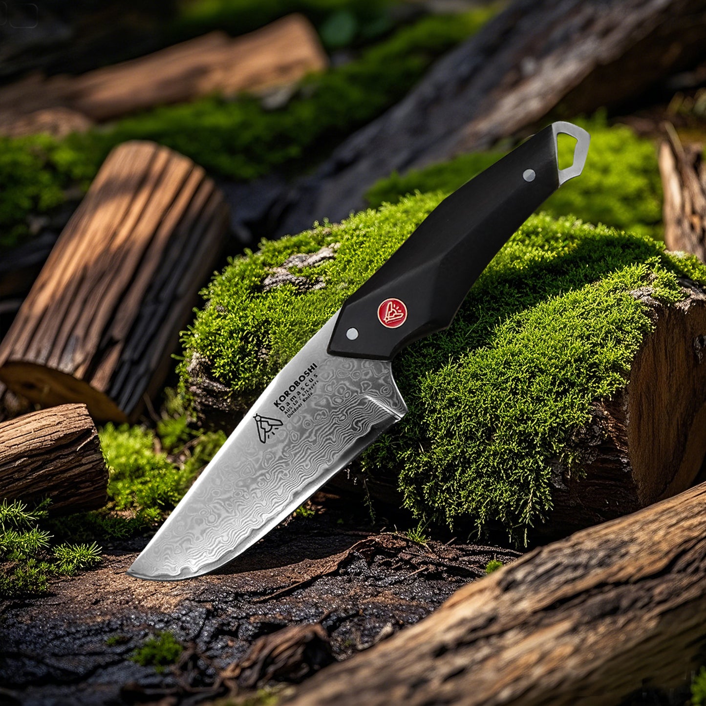 Koroboshi Camping BBQ & Picnic Cooking Knife – AUS-10 Core, 67-Layer Damascus Pattern Craftsmanship, Ebony Wood Handle, Portable Sheath, Premium Gift Box