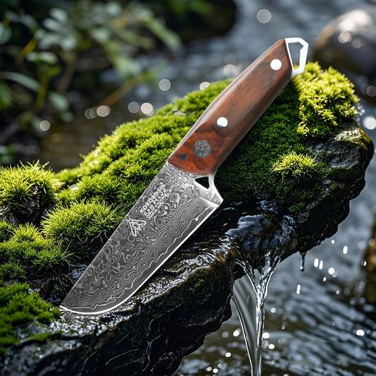 Koroboshi Rain Pattern Damascus Outdoor Knife – 67-Layer Steel, Curved Yellow Sandalwood Handle, For BBQ, Camping, Fishing, Gifting & Collecting
