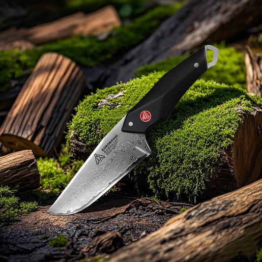 Koroboshi Outdoor BBQ & Picnic Knife – AUS-10 Core, 67-Layer Damascus Pattern Craftsmanship, Ebony Wood Handle, Portable Sheath, Premium Gift Box