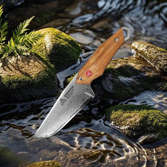 Koroboshi Outdoor Utility Knife – AUS-10 Core, 67-Layer Damascus Pattern, Olive Wood Handle, Portable Sheath & Gift Box – Ideal for Camping, BBQ, Fishing & Gifting