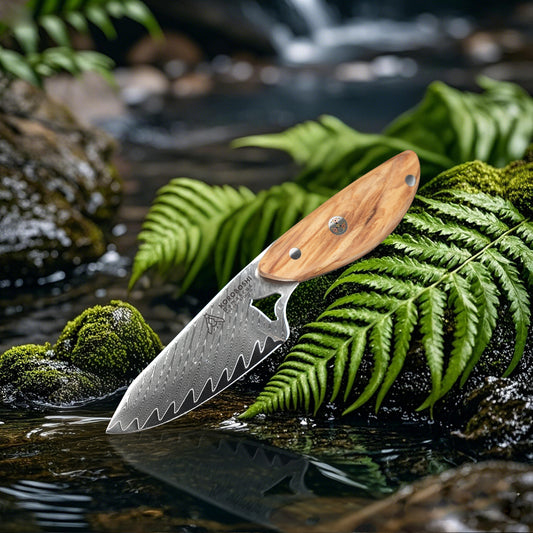Koroboshi Mini Fish-Head Knife – 8cm AUS-10 Core, 67-Layer Full Damascus, Olive Wood Handle | Stylish, Compact & Razor Sharp for Home & Outdoor Use